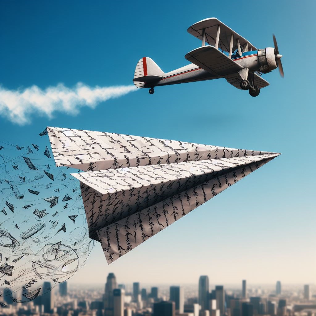 dessin d'un avion en papier dans les airs suivi d'un avion à hélices au dessus d'une ville
